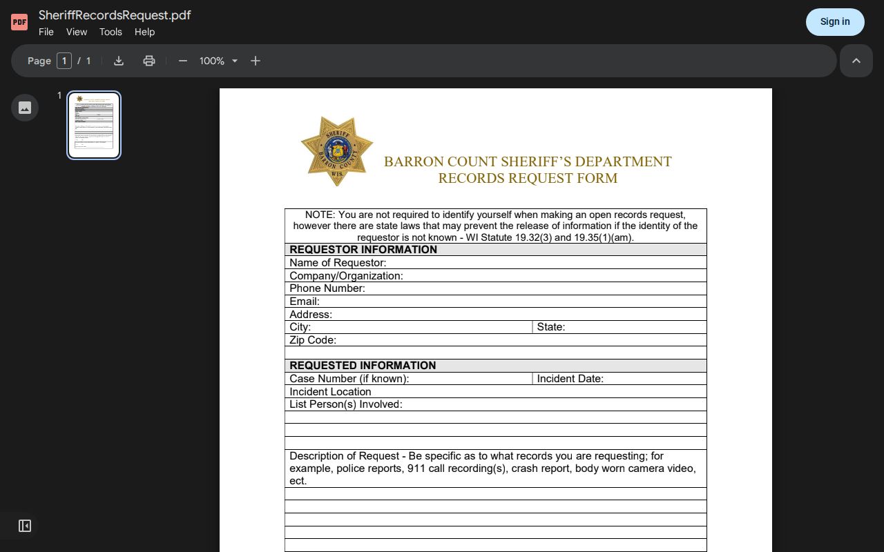Barron County booking-record request form